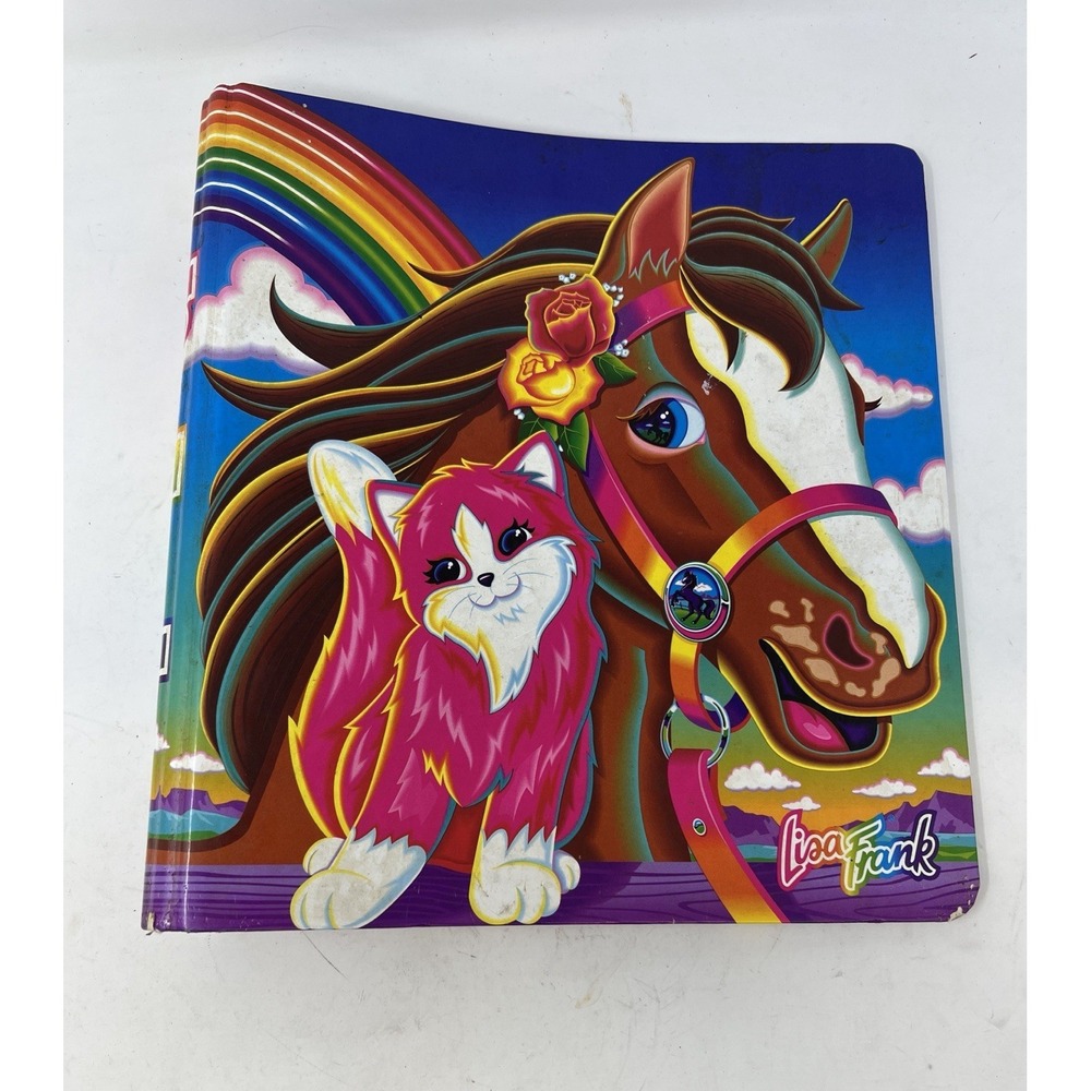 Vintage Lisa Frank 1990s Rainbow Chaser Metal Three Ring Binder Folder Horse Cat